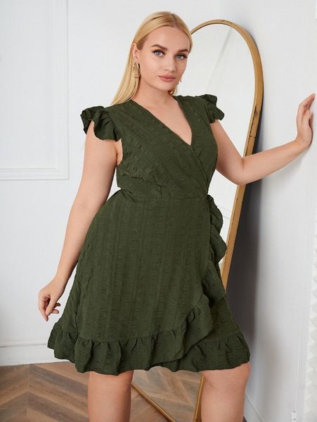 

plus textured butterfly sleeve ruffle trim wrap knot side dress 80gm#, Black