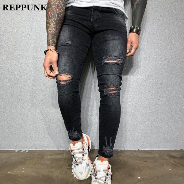 

fashion men holes high street motorcycle biker jeans male hip hop ripped slim fit full length skinny denim pants men's, Blue