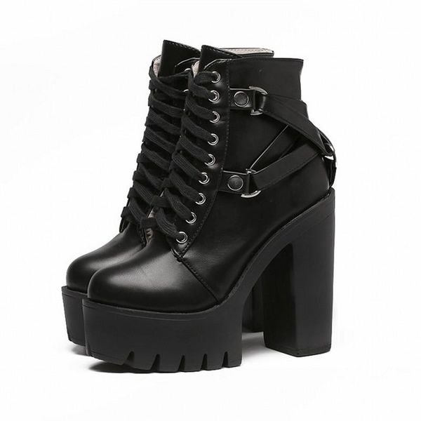 

boots fashion black women heel spring autumn lace-up soft leather platform shoes woman party ankle high heels