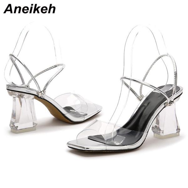 

sandals aneikeh fashion summer pvc transparent slippers women clear heel hoof heels square head open toe slip-on pumps shoe, Black