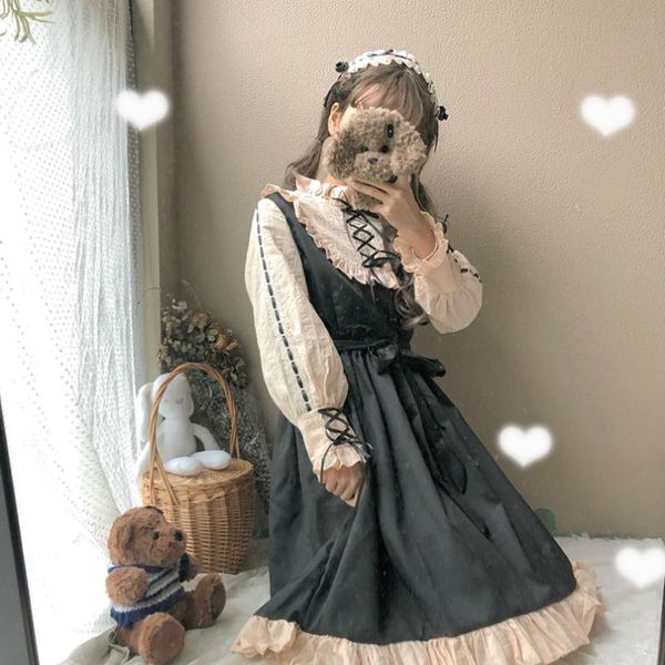 

casual dresses kawaii lolita gothic dress long sleeve girl patchwork maid costume adult’s womens preppy school clothes japanese style, Black;gray