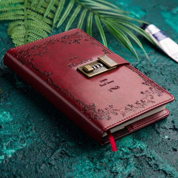 

retro notebook with password lock leather cover traveler diary planner agenda school supplies gift stationery x7jc notepads, Purple;pink
