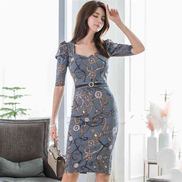 

elegant print tight dress korean ladies summer short sleeve cabaret party bodycon dresses for women 210602, Black;gray