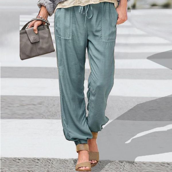 

women's pants & capris spring autumn loose waist elastic pencil casual women cotton linen lady pocket harem solid color office, Black;white