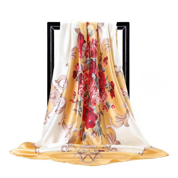 

scarves silk women flower print foulard satin square head hijab scarf ladies shawls 90cm bandana female muffler, Blue;gray