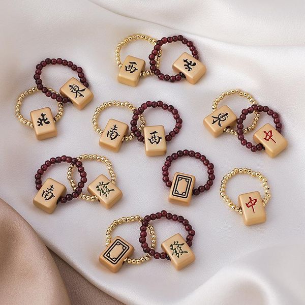 

cluster rings fashion metal mahjong red hair white beaded ring female fun chinese style campus accessories, Golden;silver