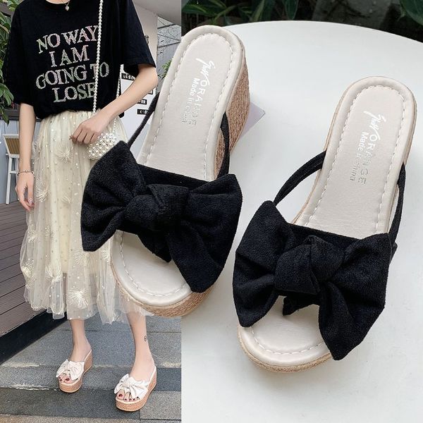 

women slippers fashion pee toe summer shoes butterfly-knot high heels women slides platform wedges ladies women shoes, Black
