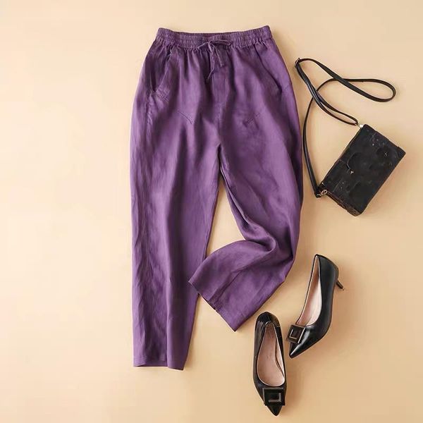 

women's pants & capris linen slacks big yards tightness of draw string waist fat mm thick legs haroun nine points trousers, Black;white