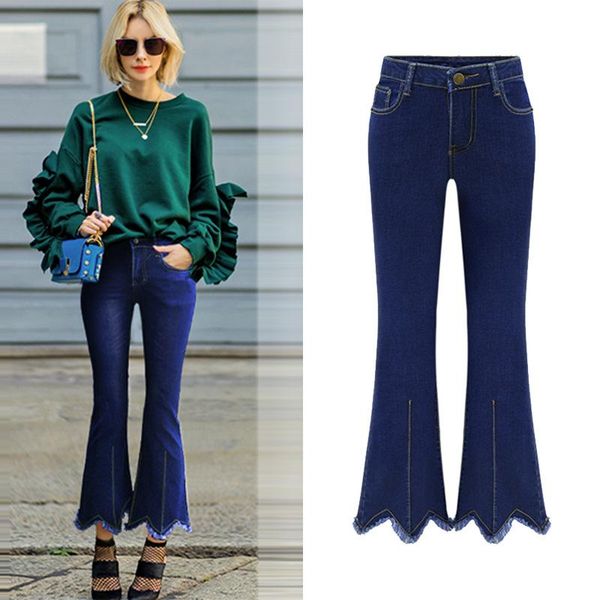 

women's jeans l-5xl plus size casual women ankle-length 2021 autumn tassel flare winter wide leg pants female big, Blue