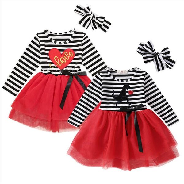 

citgeett spring valentines day kids girl dress baby girls striped patchwork headband long sleeve tulle dresses, Red;yellow