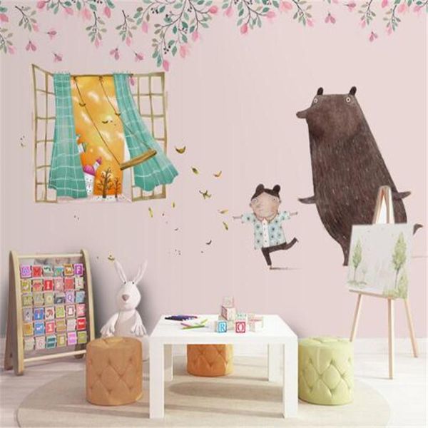 

wallpapers cartoon childern 3d flowers murals boy bear hand painting for living room leaf kids home decor