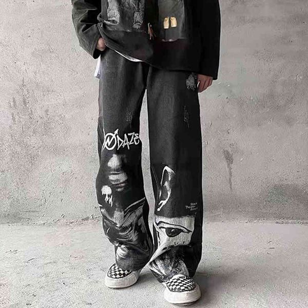 

men's jeans portrait altered character impression ripped denim pants for man and woman hip hop vibe casual style denies large bk99, Blue