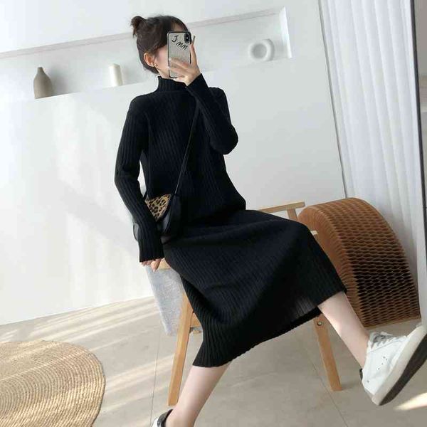 

jxmyy autumn and winter new half high neck knitted dress women over the knee long skirt mid-length sweater base skirt 210412, Black;gray
