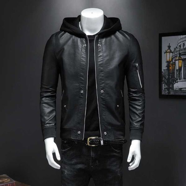 

men's fur & faux sale hooded leisure men pu leather zipper jacket, Black