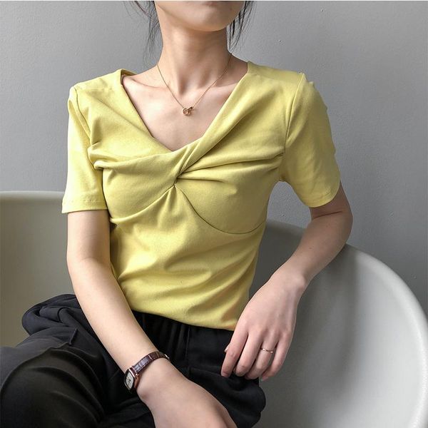 

women's t-shirt fitaylor summer women elegant v-neck short sleeve folds t-shirts female fashion slim solid color white black blue