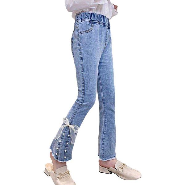 

jeans kids girls flare children stylish burr trousers lace bowknot faux pearls decor bell bottoms denim pants casual wear, Blue