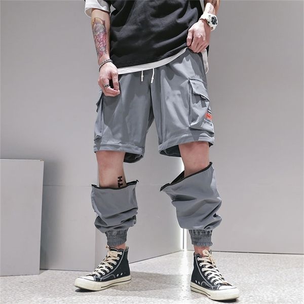 

men fashion streetwear mens jogger pants youth casual autumn ankle length cargo trousers loose detachable pants leg drop 211108, Black