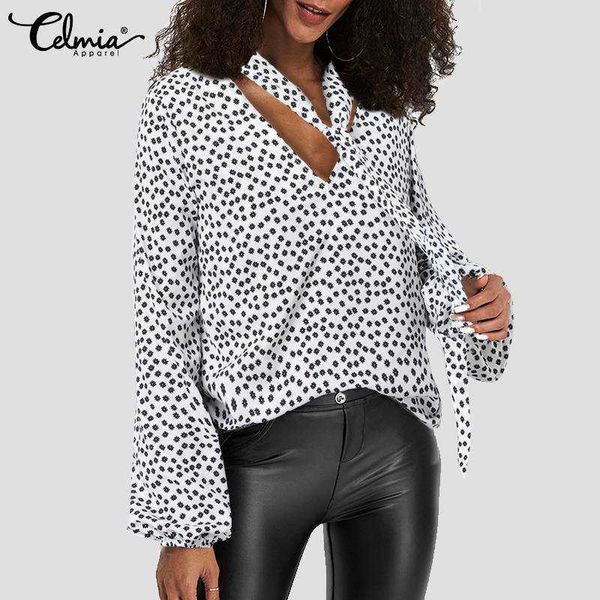 

women's blouses & shirts blouses celmia fashion flower printed women elegant v-neck with tie casual loose office lady lantern sleeve mr, White