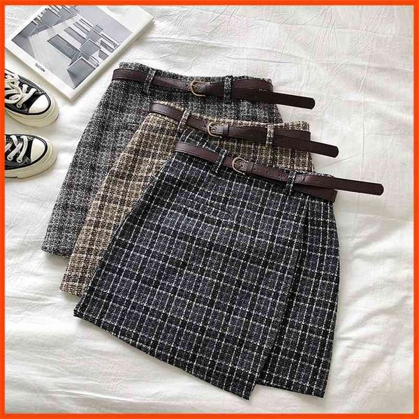 

summer a-line mini skirt vintage casual women plaid skirt chic sashes korean irregular lady skirt female sweet high waist 210408, Black