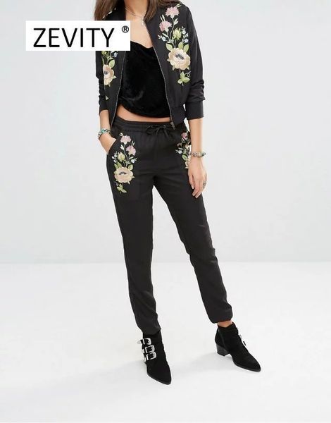 

women vintage elegant floral embroidery poclets slim pencil pants trousers elastic waist bow tied quality skinny 210419, Black;white