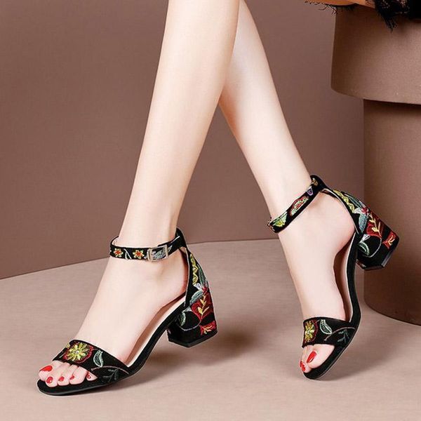 

summer women sandals embroider ankle strap sandal high heels dress shoes flower ladies sandalias, Black