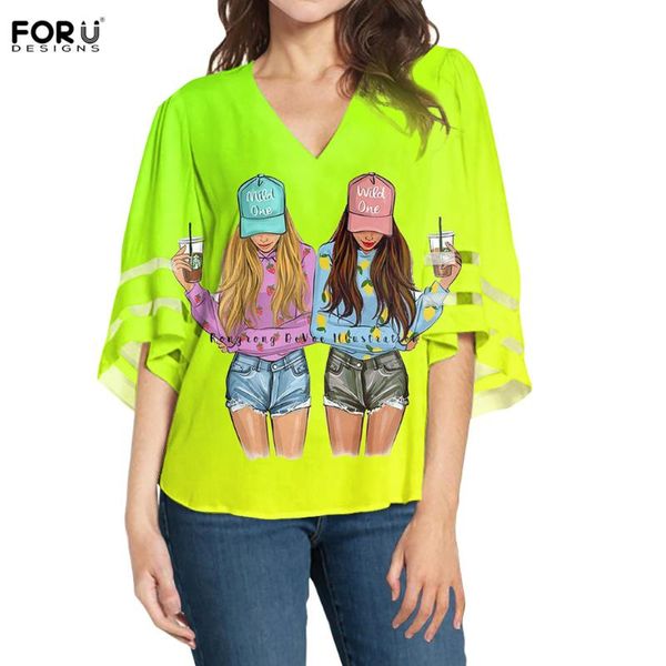 

women's blouses & shirts forudesigns fashion sister print clothes chiffon blouse 3/4 bell sleeves v-neck sheer patchwork loose shirt, White