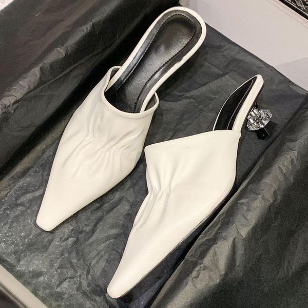 

white leather crystal transparent heels mules ladies sandals slippers slip on pointed toe high women pleated slides, Black