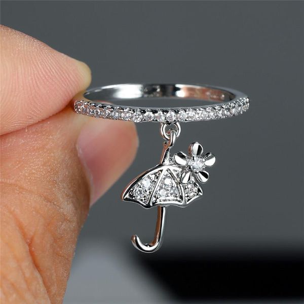 

wedding rings cute female crystal flower pendant ring trendy gold silver color engagement charm zircon umbrella for women, Slivery;golden