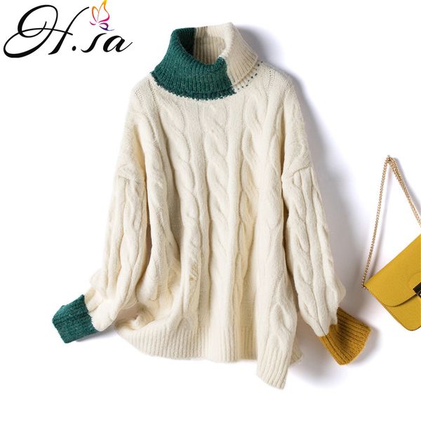 

h.sa women's turtleneck pullover and sweaters twisted korean jumpers loose style chic winter sweater 210417, White;black