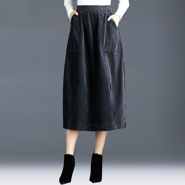 

women 2021 autumn winter corduroy skirts female elastic high waist ladies loose pocket solid color casual bud j23, Black