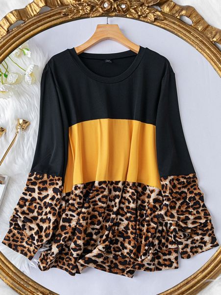 

plus colorblock & leopard print sweatshirt v2y5#, Black