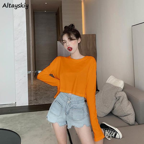 

long sleeve t-shirts women ins spring solid tees womens all-match korean fashion chic short female loose ulzzang women's t-shirt, White