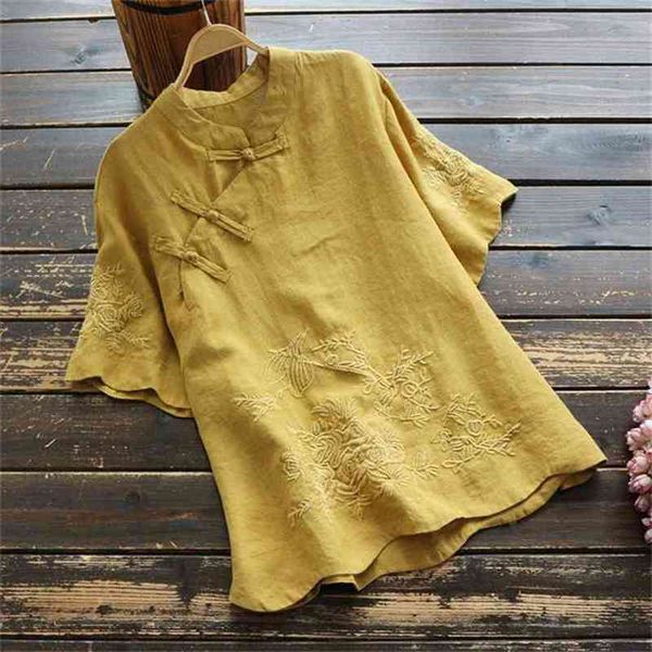 

folk style summer women tshirt plus size vintage embroidery stand collar button tee shirt femme cotton linen d349 210720, White