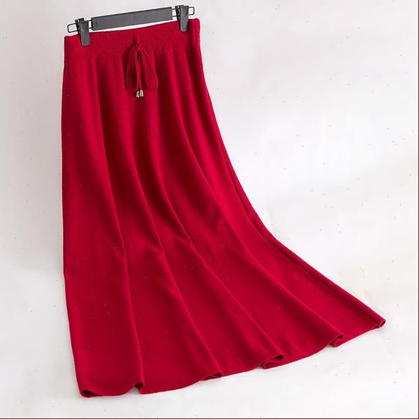 

sweater maxi lengten pleated drawstring women skirt saias midi faldas vintage knitted, Black