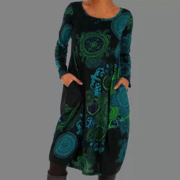 

casual dresses pullover dress vintage all match round neck retro print loose women for home, Black;gray