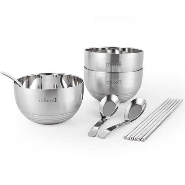 

bowls stainless steel bowl kitchen cutlery set tableware chopsticks spoon three-piece double layer rice anti-fall insulation