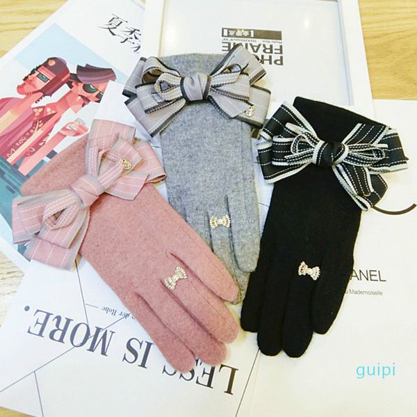 

five fingers gloves korean touch screen cashmere wool bow warm knitted women spring winter pink gray black mittens, Blue;gray