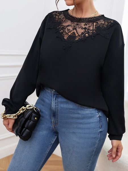

plus contrast guipure lace tie back tee c82s#, Black