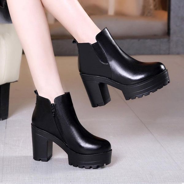 

boots 40-43 high muffin autumn and heeled winter thick heel platform large british style barefoot women, Black