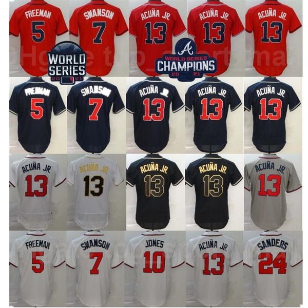 

2021 world series champions baseball 13 ronald acuna jr jersey 5 freddie an 7 dansby swanson 10 chipper jones 24 deion sanders stitched blac, Blue;black