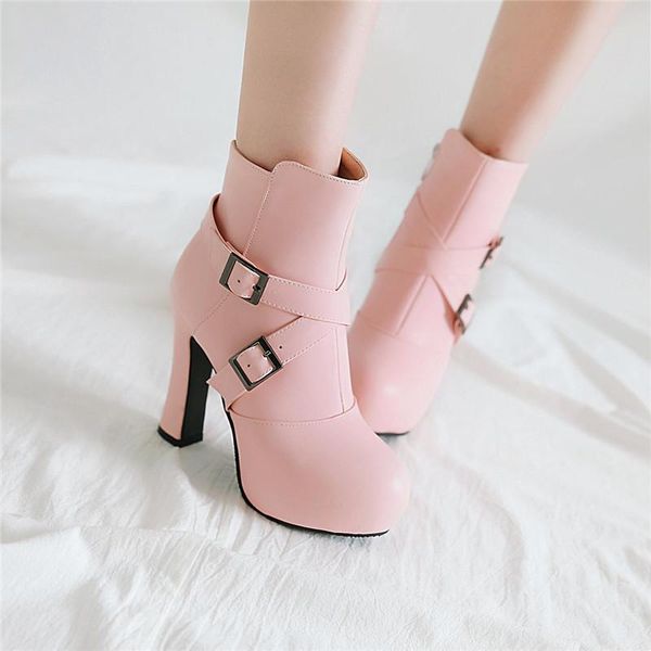 

boots autumn sweet cross buckle strap platform lolita high heel women ladies pink white wedding party plus size shoes, Black