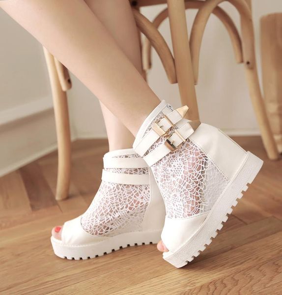 

summer ladies sandals thick bottom hollow increase shoes mesh yarn fish mouth high heels breathable women's, Black