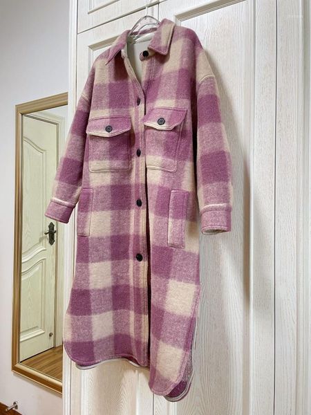 

women's wool & blends 100% long coat for women high-end brand 3d cut lapel sleeve loose fashion big pocket plaid coats lady, Black
