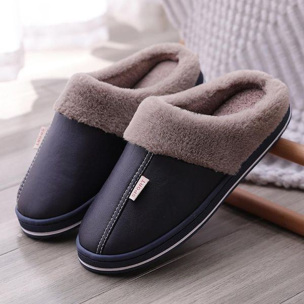 

slippers pu waterproof women men winter plush keep warm flat home shoes woman soft comfort female sewing interior slipper, Black