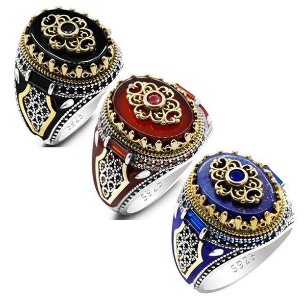 

cluster rings turkey jewelry men ring with multi-color natural agate/lapis stone 925 sterling silver vintage crown cz enamel, Golden;silver