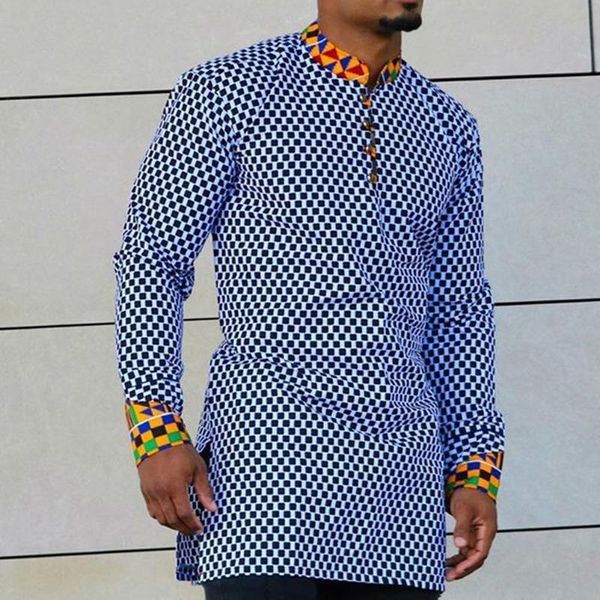 

men's casual shirts african clothing style plaid printing color matching fashion long-sleeved lapel long shirt, White;black