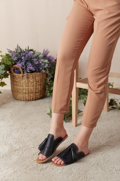 

slippers women tassels leather slippers-black int-0909-0915-siyah