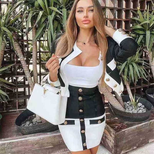 

summer chic color block button design two pieces set celebrity party club bandage suit 210525, White