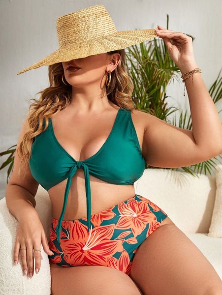 

plus floral print high waisted bikini swimsuit x2dp#, Black