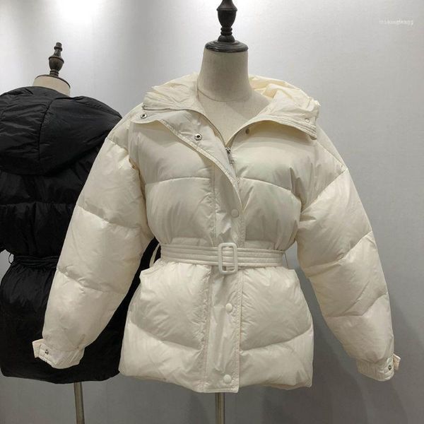 

winter coltsfoot korean fashion lace waistband waist hugging cotton-padded clothes women's short style down coat1, Black
